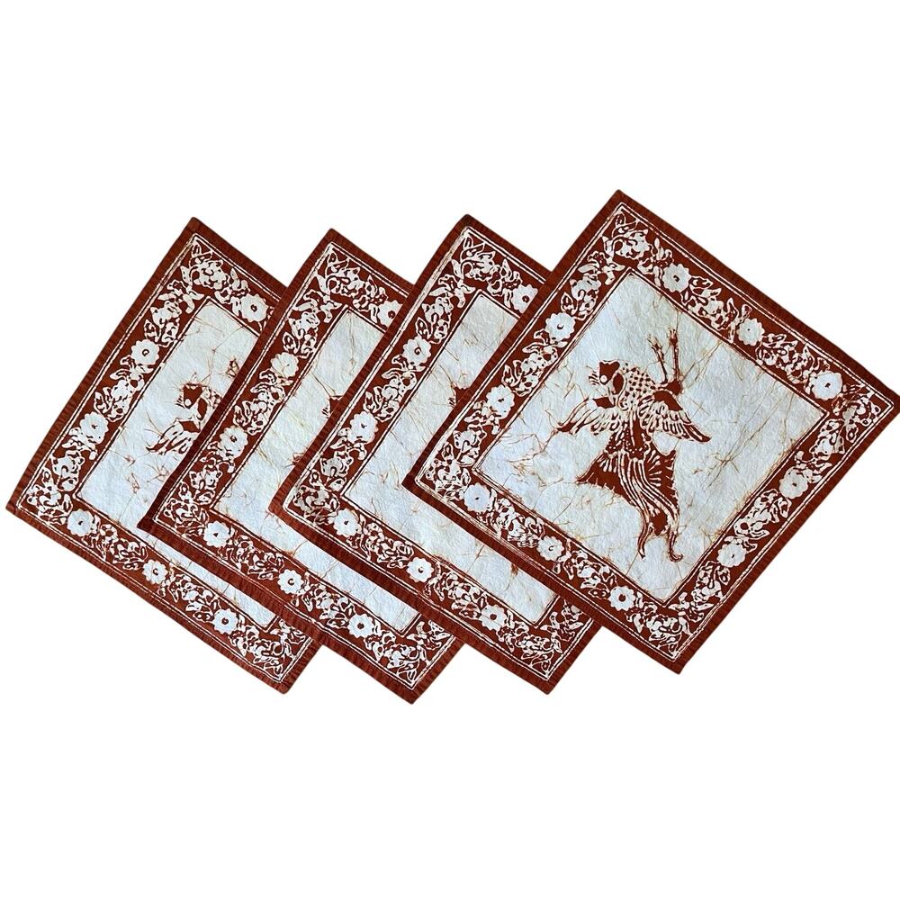 Set of 4 Batik Cloth Napkins Rust & Cream Table Cotton Napkins 13x13